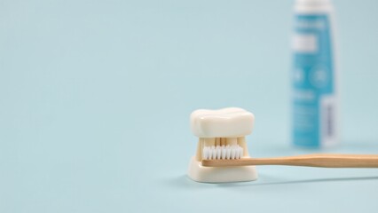 A dental model demonstrates the proper brushing technique, with a toothbrush and toothpaste placed nearby. This image highlights the importance of brushing for maintaining healthy teeth and gums.