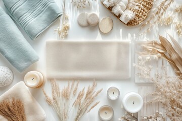 Conjunto de itens de spa com toalhas, velas e elementos decorativos em tons neutros, capturados com luz natural suave, criado com IA generativa.