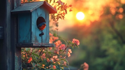 Springtime garden scenery featuring a wooden birdhouse
