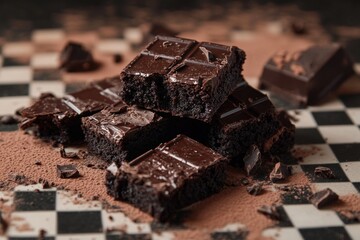 A plate of rich, fudgy brownies sits atop a vintage-inspired checkered table