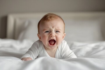 A baby lying down on a white bed
