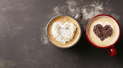  Two mugs of hot chocolate with whipped cream shaped like a heart on a black table, sprinkled with sprinkles