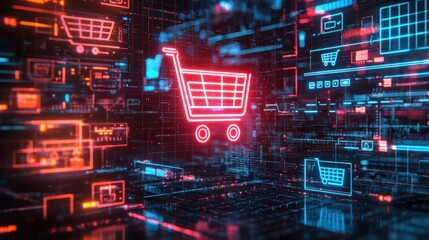 Glowing Digital Shopping Cart Icon With Data Streams