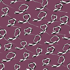 
seamless pattern of black and white ribbons on a dark burgundy background.  Hand-drawn pattern: ribbons overlap each other symmetrically. The overall design is simple and minimalistic
