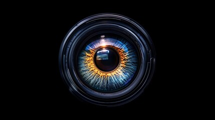 Close-Up View of Vivid Eye Resembling Camera Lens, Striking Blue, Orange, and Yellow Iris With Reflective Pupil and Concentric Mechanical Rings for a Futuristic Concept
