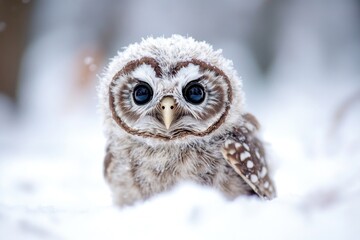 Naklejka premium A close-up view of a small owl sitting in the snow