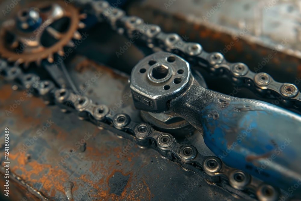 Poster bicycle chain tool is removing a chain from a rusty sprocket