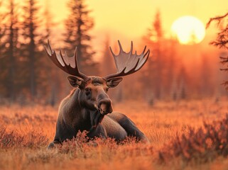 In the midst of grassland wildlife, a majestic moose bull sits peacefully, wearing velvet antlers