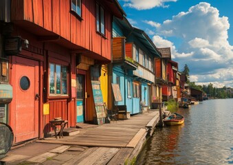 Naklejka premium The Scenic Porvoo Old Town in Finland, with Its Red Wooden Sheds and Beautiful River View