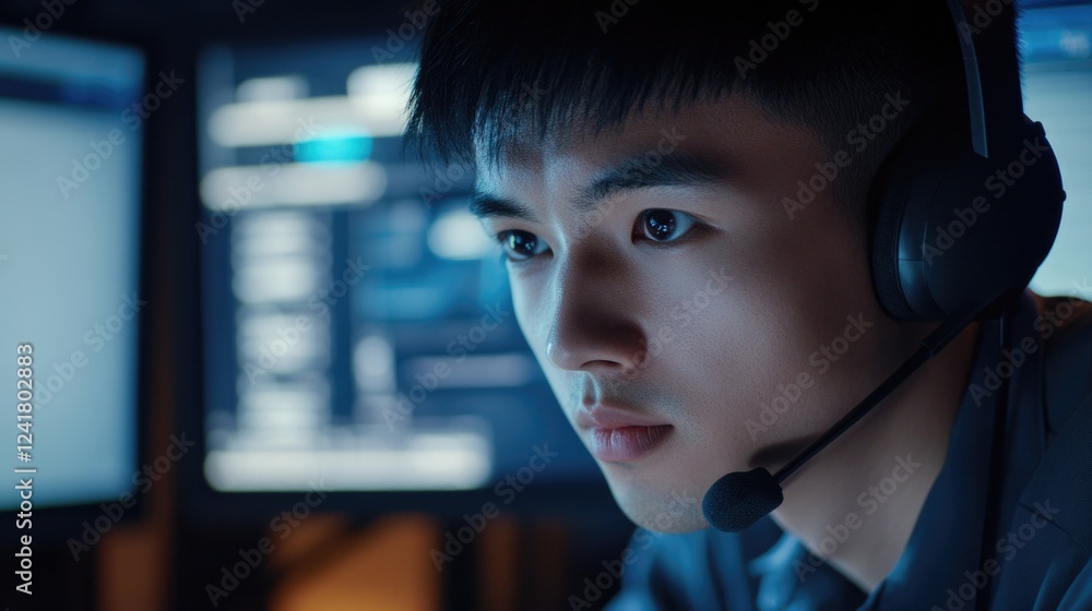 Poster a person working on a computer with a headset on, possibly for gaming or virtual reality