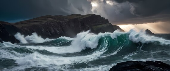 Ferocious waves crashing against jagged rocks beneath a tumultuous stormy sky