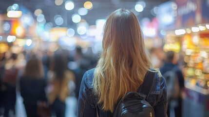 Young Woman Looking at Crowded Market with Blurry Background