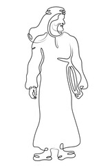 Arab man at laptop. Muslim with computer.Line drawing.Single isolated lines. Ink doodle.