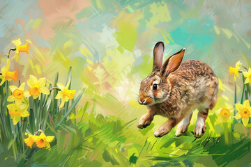 Obraz premium Joyful Bunny Hopping Through Daffodils for a Vibrant Easter Holiday: Easter