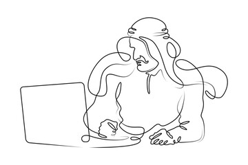 Arab man at laptop. Muslim with computer.Line drawing.Single isolated lines. Ink doodle.