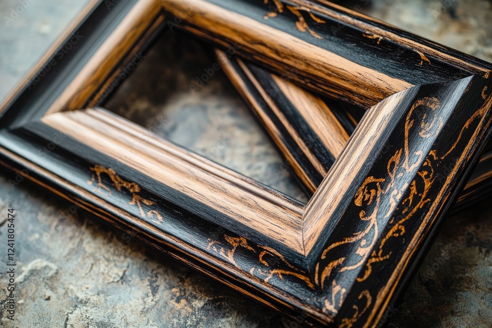 Poster a detailed view of a picture frame on a table, ideal for showcasing images or as a design element