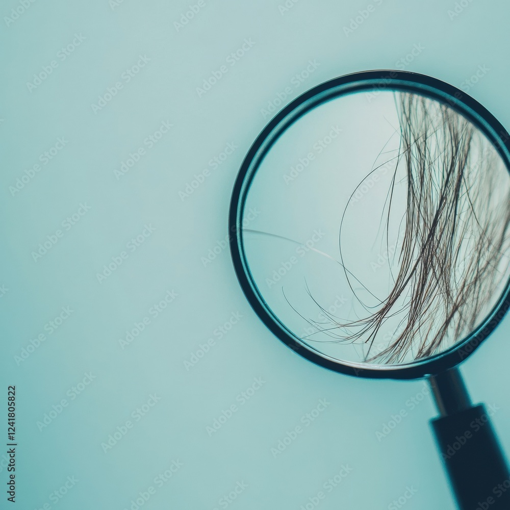 Poster magnifying glass reveals details of a damaged hair strand on a soft background showcasing texture an