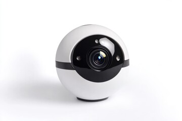 A white and black camera placed on a white surface, ready for use