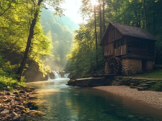 Watermill Waterfall: Rustic Beauty and Water Cascade - Scenic Stock Photo