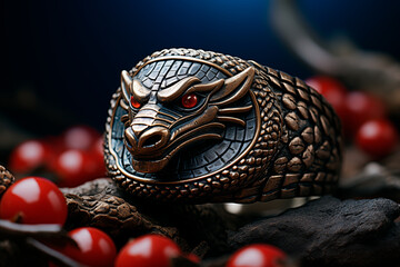 Obraz premium Bronze Dragon Head Ring with Red Gemstone Eyes