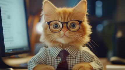 Corporate office cat wearing glasses and a tie, sitting confidently at a desk, humorous and charming animal-themed professional business concept.
