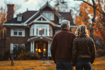 Obraz premium Older couple standing in front of a charming house in autumn. Concept of home and togetherness. For real estate photo.