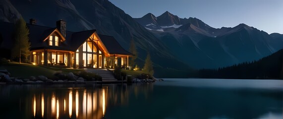 Fototapeta premium Idyllic lake retreat surrounded by mountains offering tranquility and reflection