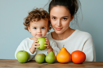 Fototapeta premium Mother and Child with Apples, Pears, and Grapefruit