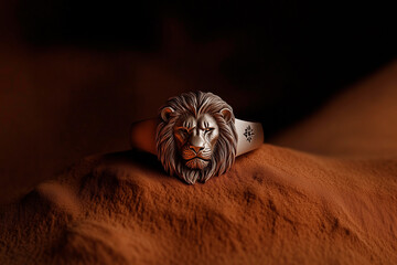 Silver Lion Head Ring on Brown Sand