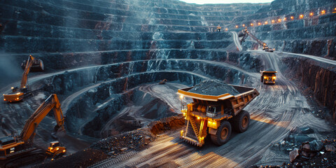 Large dump trucks and excavators operate in a terraced mining site with glowing lights. Concept of industrial excavation and resource extraction. For mining industry promotion.