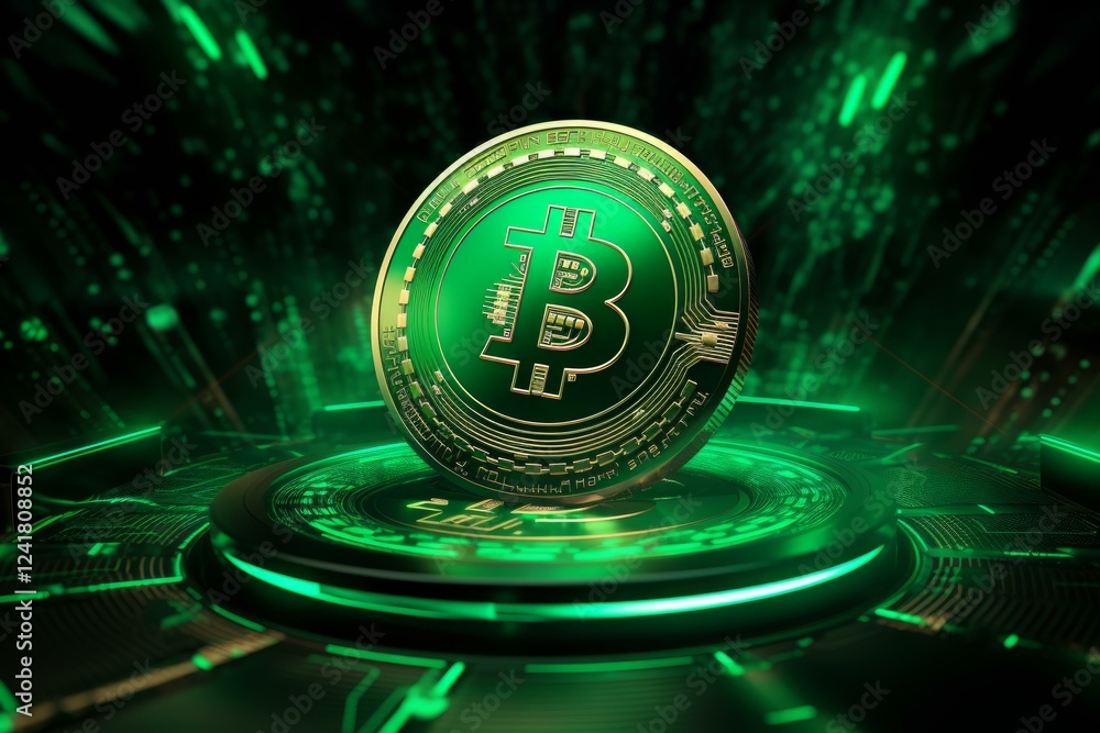 Poster bitcoin cryptocurrency coin rotating on a futuristic green platform, showcasing the digital currency