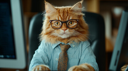 Funny cat in a formal suit and tie, wearing glasses, working in an office setting, business-themed animal character in a professional workplace environment.