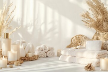 Conjunto de itens de spa com toalhas, velas e elementos decorativos em tons neutros, capturados com luz natural suave, criado com IA generativa.