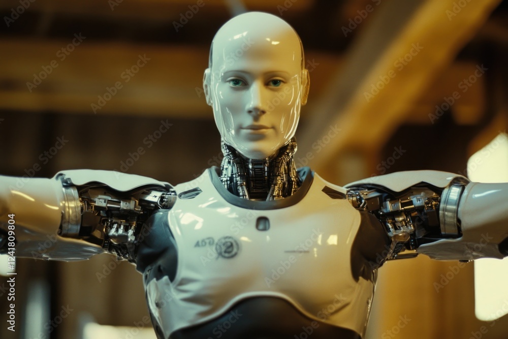 Poster a close-up view of a robot's mechanical arms, ideal for use in technology-related contexts