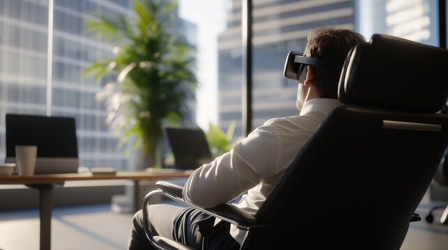 A man in a white shirt is sitting in a chair in front of a window. He is wearing a virtual reality headset and he is watching something on a screen. The room has a modern and professional feel
