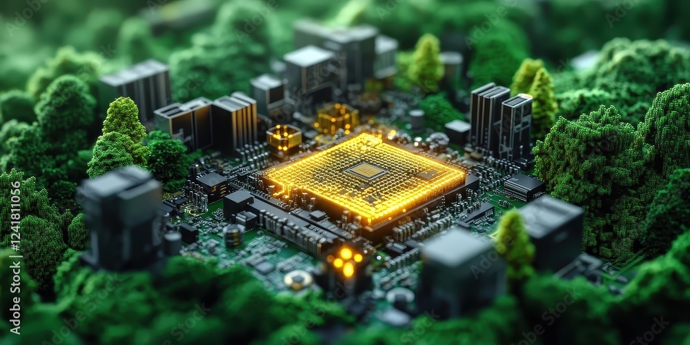 Poster tiltshift macro photography of circuit board surrounded by lush nature capturing technology in a gre