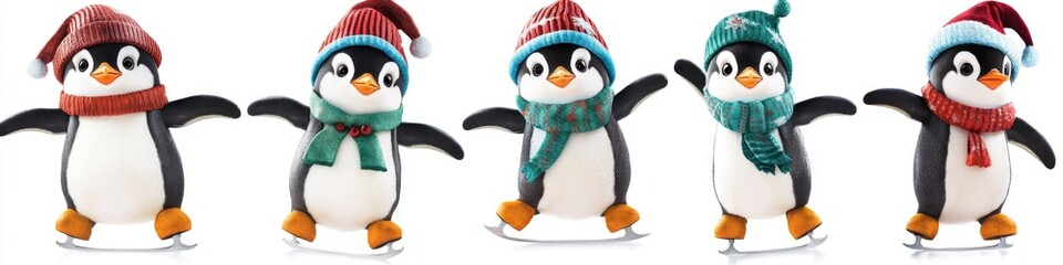 Fototapeta premium Group of penguins dressed up with hats and scarves, ready for winter or special occasion