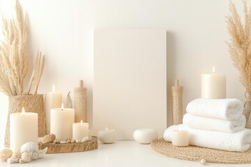 Conjunto de itens de spa com toalhas, velas e elementos decorativos em tons neutros, capturados com luz natural suave, criado com IA generativa.