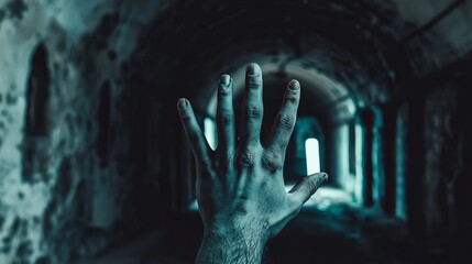 Eerie outstretched hand in dark tunnel, symbolizing fear of the unknown. Blue-tinted atmosphere creates haunting, suspenseful mood.
