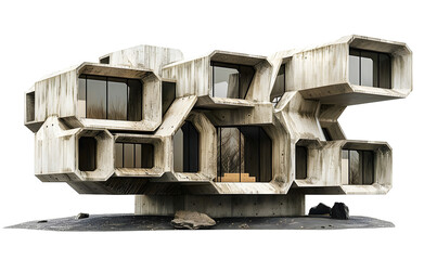 Brutalist building with a geometric honeycomb structure. The concrete façade has an organic and weathered texture, giving it a raw, industrial and dystopian aesthetic.