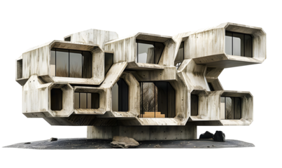 Brutalist building with a geometric honeycomb structure. The concrete façade has an organic and weathered texture, giving it a raw, industrial and dystopian aesthetic.