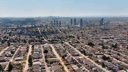 Aerial view of the skyline of Burnaby in the Lower Mainland during a spring season in British...