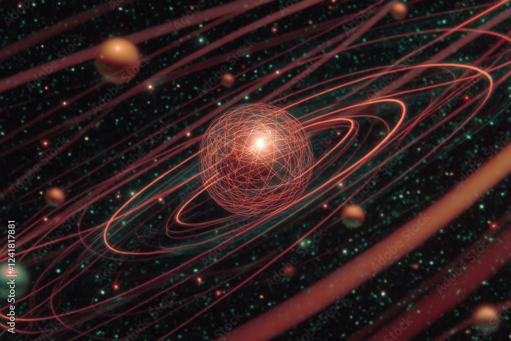 Poster abstract representation of a cosmic sphere surrounded by swirling orbits