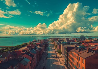 View from above, captured in a vintage photo, of a cloudy summer day in Vasteras, Sweden