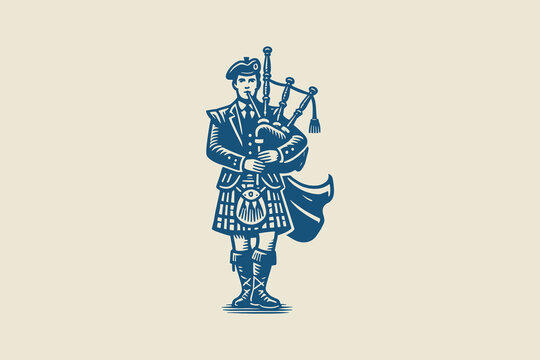 Vintage blue icon of Scotsman in kilt with bagpipe, vector emblem