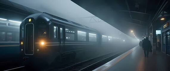 Fototapeta premium Misty train stations encased in fog creating a mysterious atmosphere for wanderers