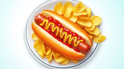 Delicious hot dog with mustard and ketchup on a plate with chips, studio shot