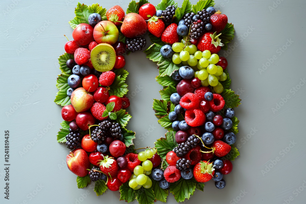 Poster various fruits arranged in a rectangular wreath on a flat surface. concept of freshness and diversit