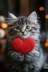 holiday valentine card with cute kitten holding red knitted heart in paws