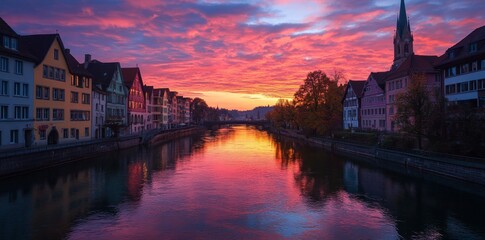 Obraz premium Charming Houses & Copy Space Await in the Whimsical Pastel Village by Calm River